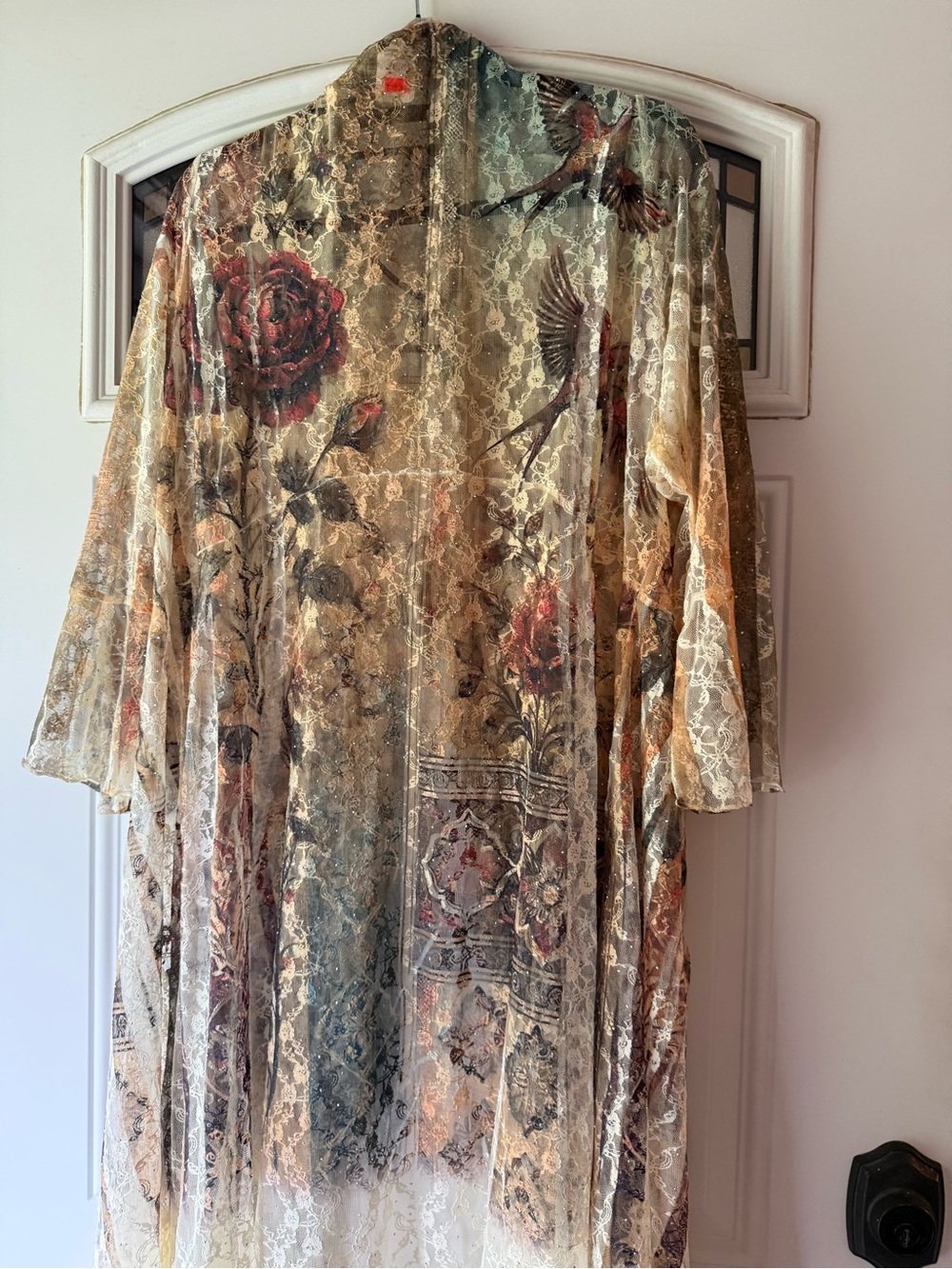 Origami Sheer Pheasant & Rose Lace Longline Duster in Cream Multi